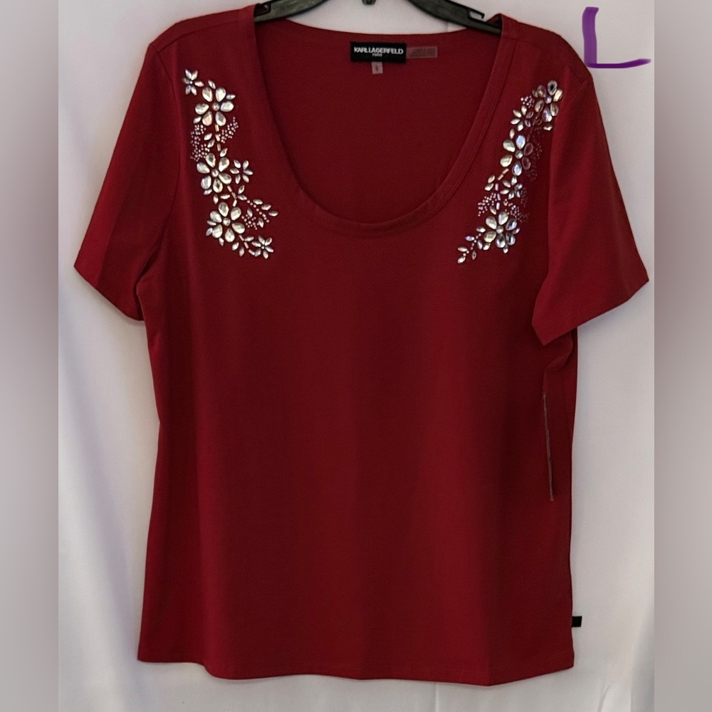 Karl Lagerfeld Red Floral Embellished Tee